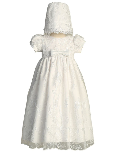 Baby Girls White Embroidered Tulle Sequin Bonnet Grace Christening Gown 0-18M - SophiasStyle.com